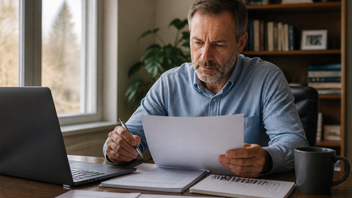 Professional in home office reviewing insurance documents and laptop with coffee and notepad on desk, natural window lighting