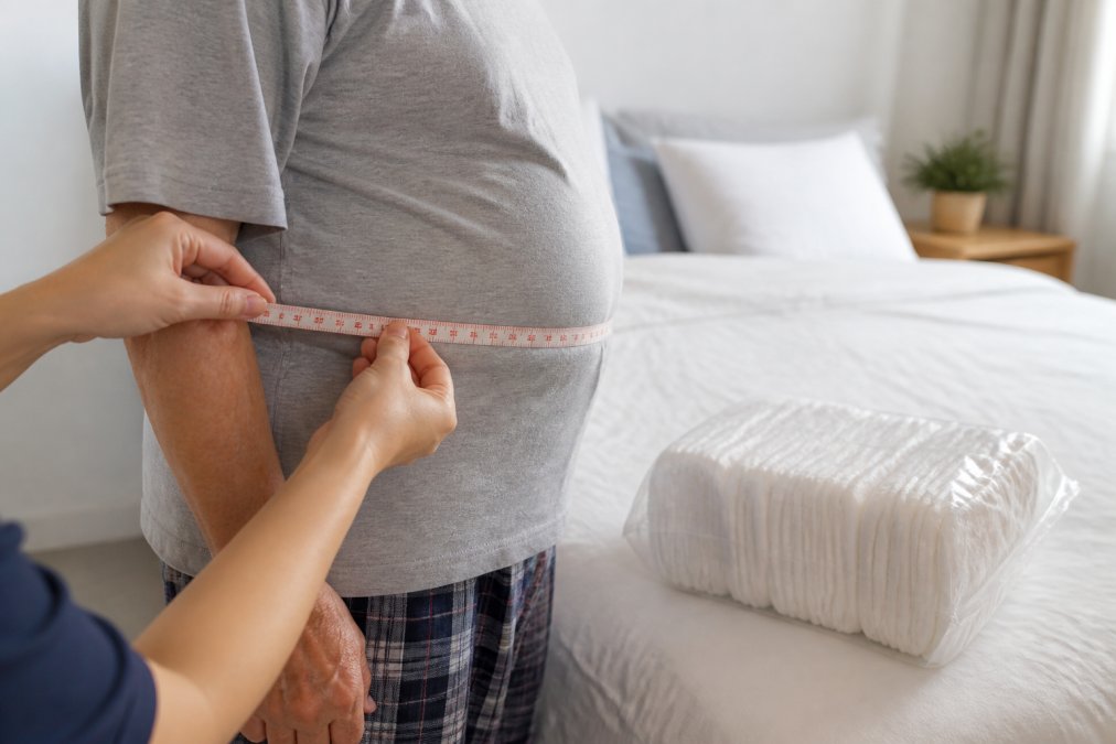 Caregiver measuring a person's waist for the proper fit of incontinence diapers in a bedroom