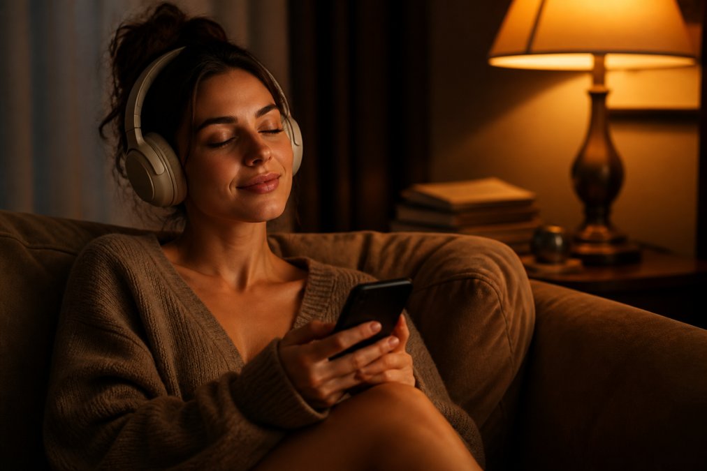 A woman relaxing on a couch in a dimly lit living room, wearing wireless headphones, eyes closed, holding a smartphone with a soft smile, warm lamp light casting a soft glow across her face and the room