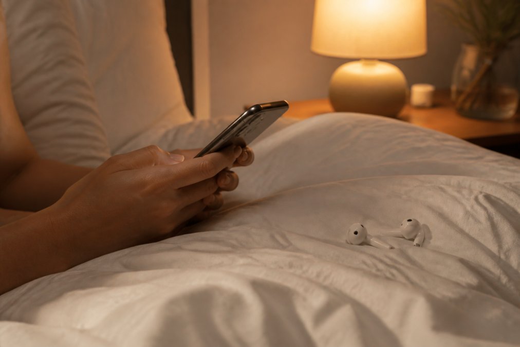 Close-up of a pair of hands holding a smartphone in bed, wireless earbuds resting on the white duvet nearby, a soft warm bedside lamp casting golden light across the scene, suggesting a calm and private evening listening session