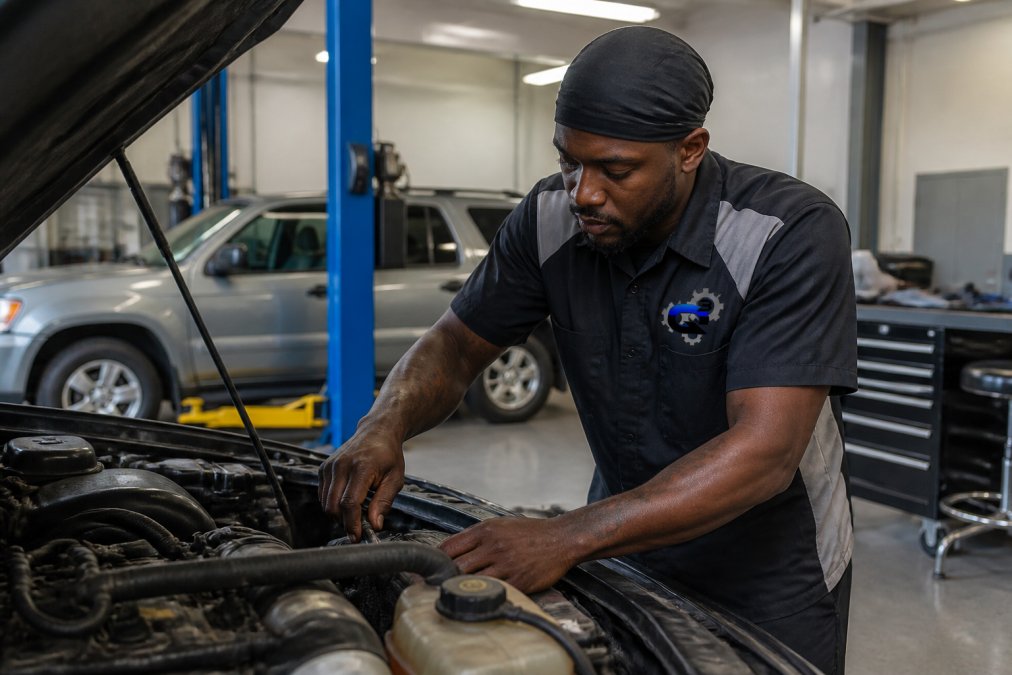 ASE-certified technician in uniform working on a vehicle engine in a well-organized, clean repair bay with proper lighting and diagnostic equipment visible