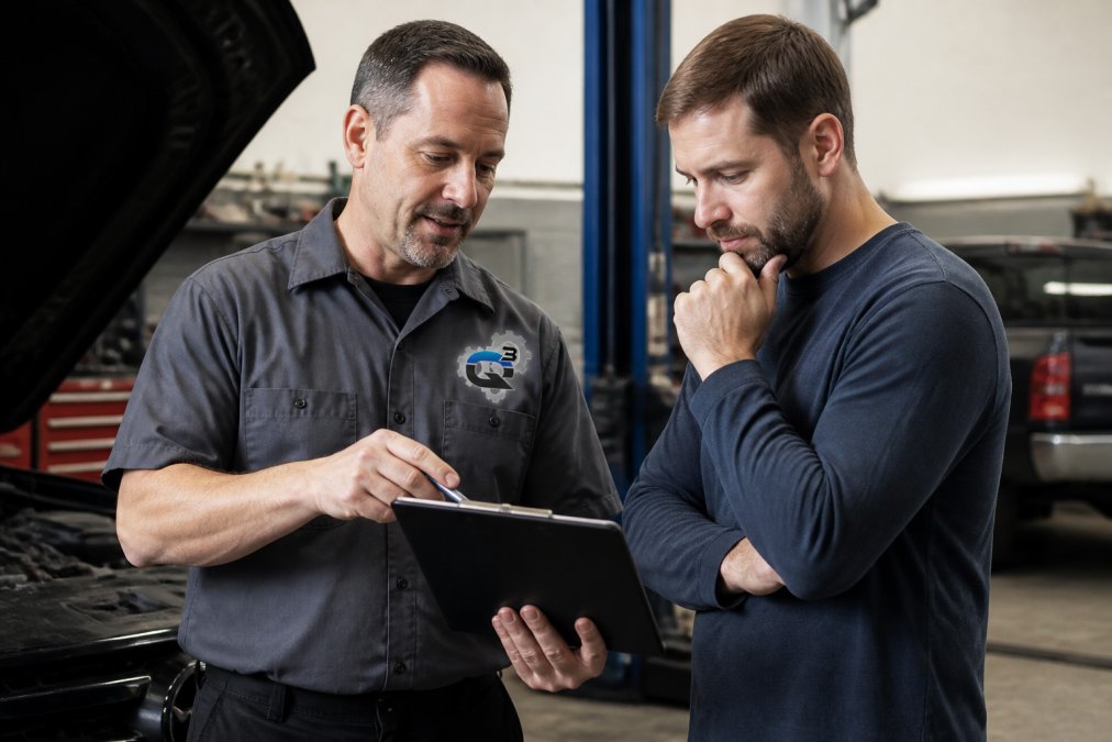 Mechanic showing a customer a diagnostic report on a tablet or clipboard, explaining repair findings in a professional consultation setting