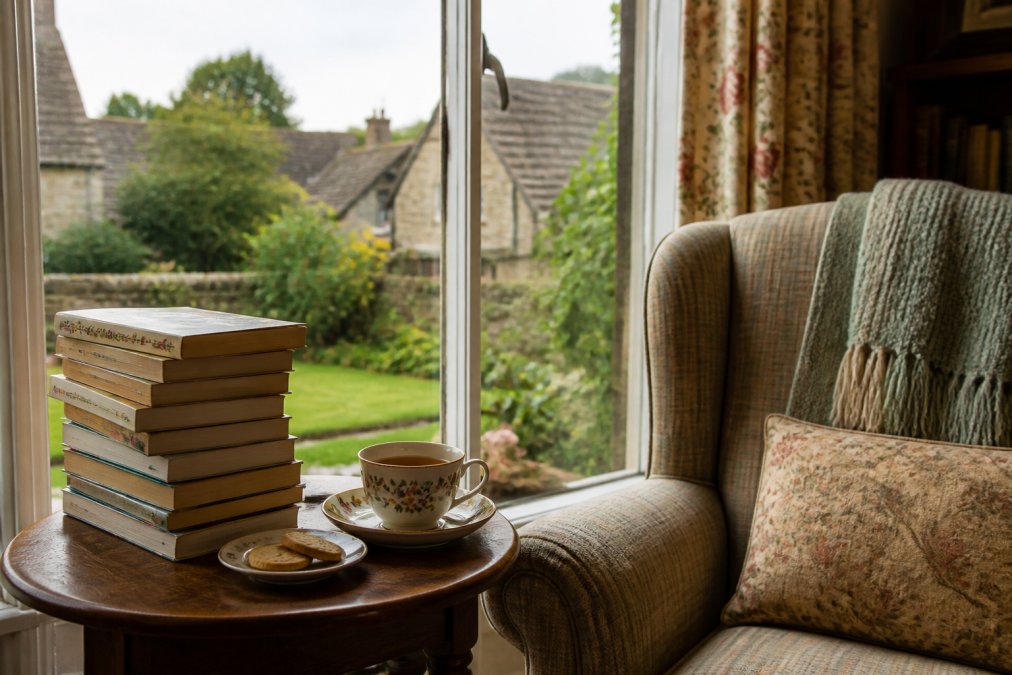 Cosy reading nook with stacked paperback mystery novels, a warm cup of tea, and comfortable armchair by a window overlooking a British village garden with soft afternoon light