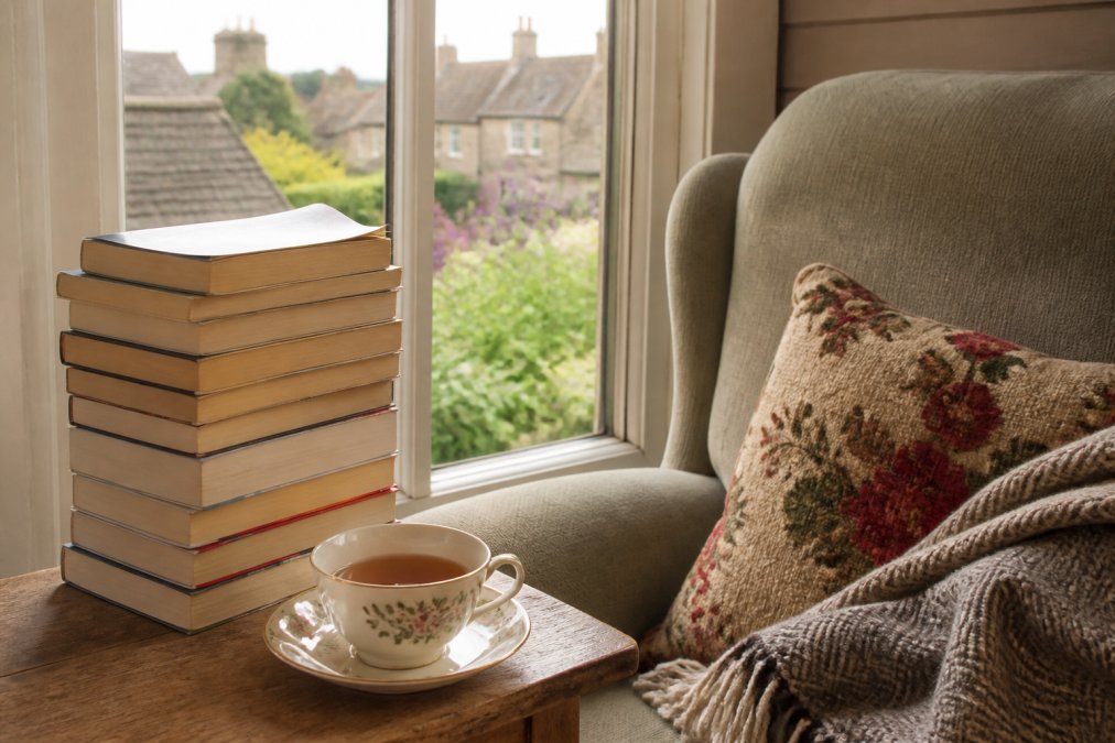 Professional illustration showing Cosy, British for independent british cosy mysteries