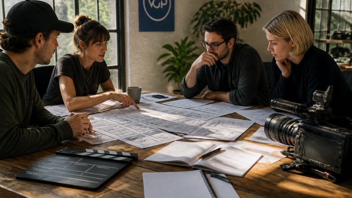 A film production team reviewing storyboards and a script spread across a wooden table in a sunlit studio office, a clapperboard and cinema camera resting nearby
