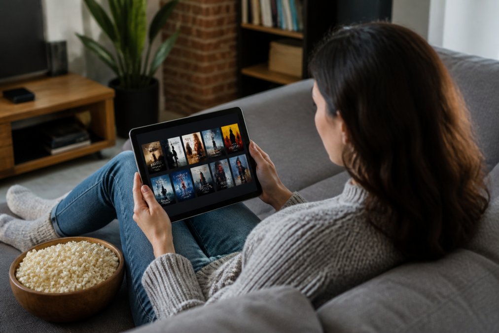 Person relaxing on a couch with popcorn while using an independent film streaming app on a tablet