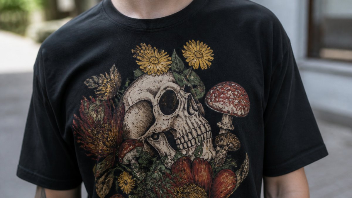 Close-up of a person wearing a premium graphic t-shirt with vibrant original artwork, showing fine print detail and soft fabric texture in natural daylight