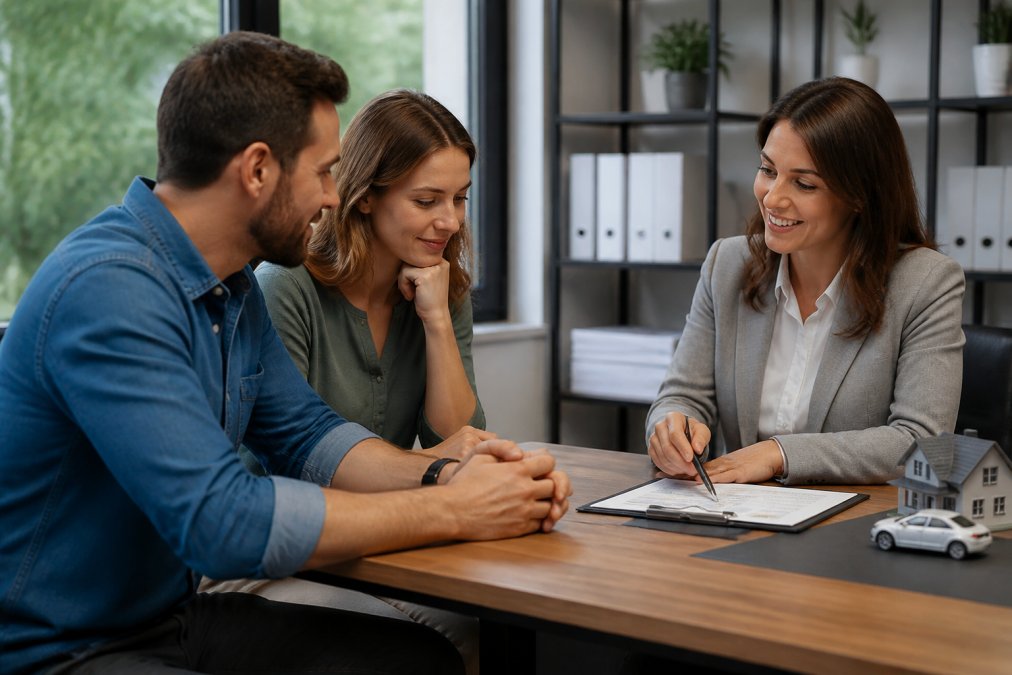 A friendly insurance agent sitting across a desk from a young couple, pointing at a document and explaining coverage options in a bright, modern office