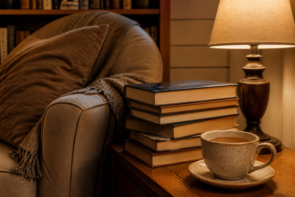 A cozy reading nook with a stack of mystery novels, a warm lamp, and a cup of tea on a side table, suggesting a relaxing evening of reading