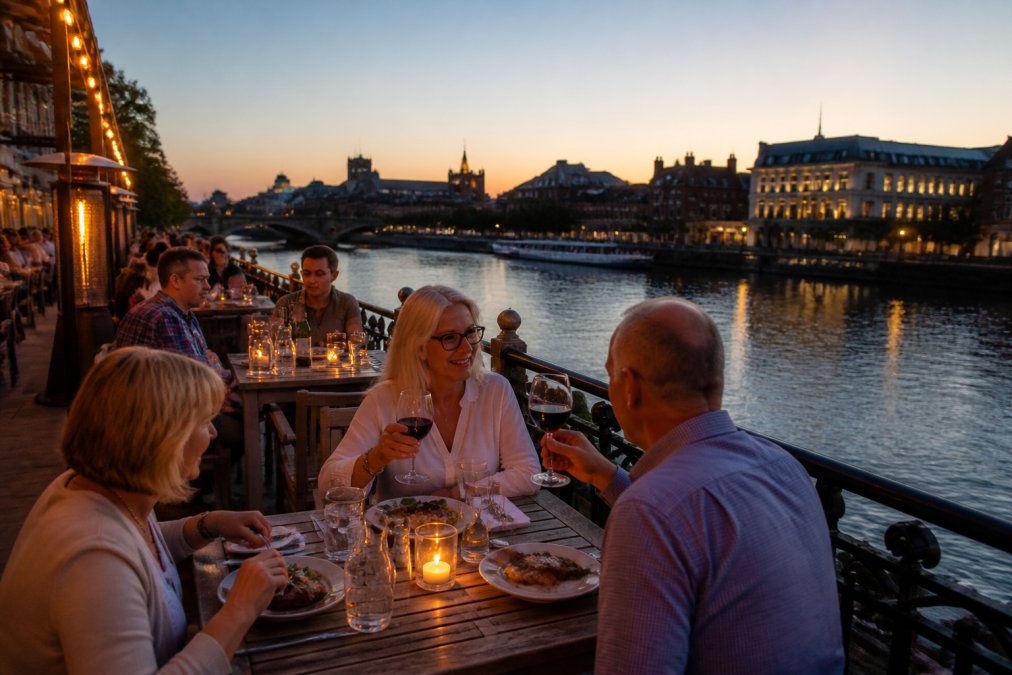 Diners enjoying a meal on a riverside terrace at dusk, with warm ambient lighting casting a golden glow across candlelit tables, glasses of wine and plates of home-cooked food arranged in front of them, the River Ouse visible flowing gently in the background with historic York buildings silhouetted against the evening sky