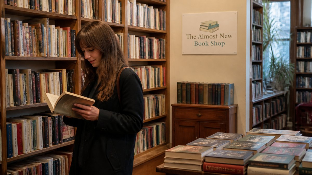 A warmly lit independent bookshop interior with floor-to-ceiling wooden shelves of mixed second-hand paperbacks and hardbacks, a browsing customer in the foreground holding an open book