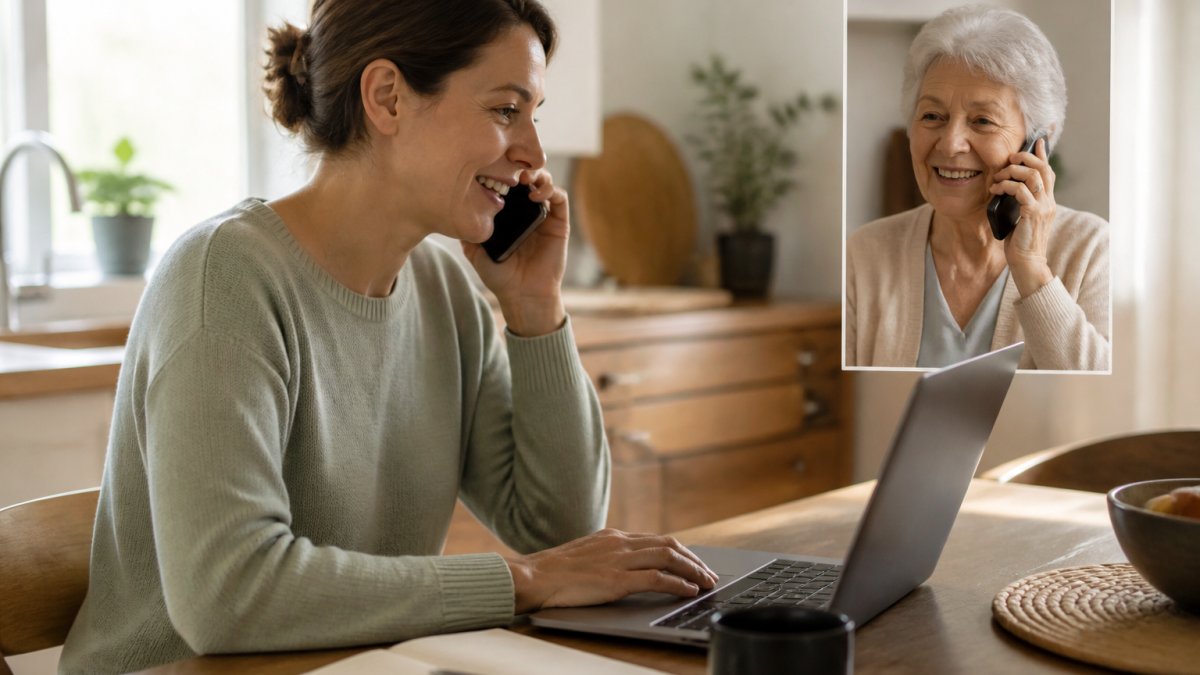 An adult daughter sitting at a kitchen table with a laptop open, reviewing a senior technology website while talking on the phone with her elderly mother, warm home lighting, candid moment