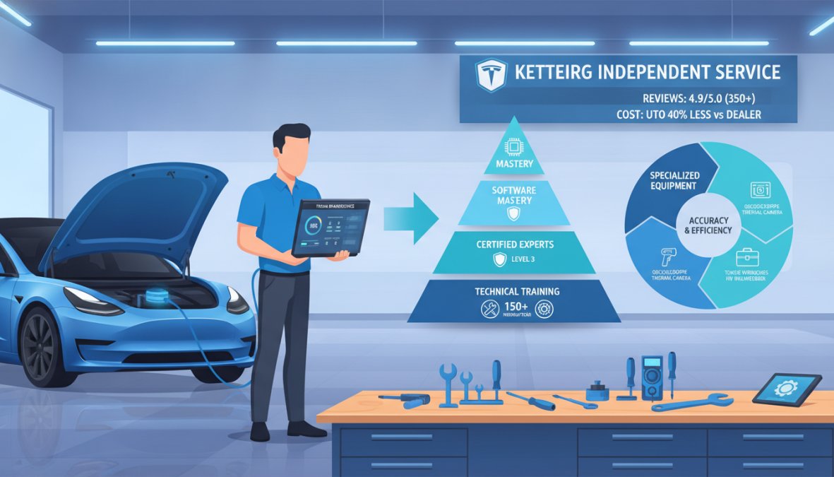 Experienced technician in a well-lit modern workshop using a laptop running diagnostic software connected to a [Tesla Model](/blog/tesla-model-s-common-problems) 3, with professional tools arranged on a workbench in the background
