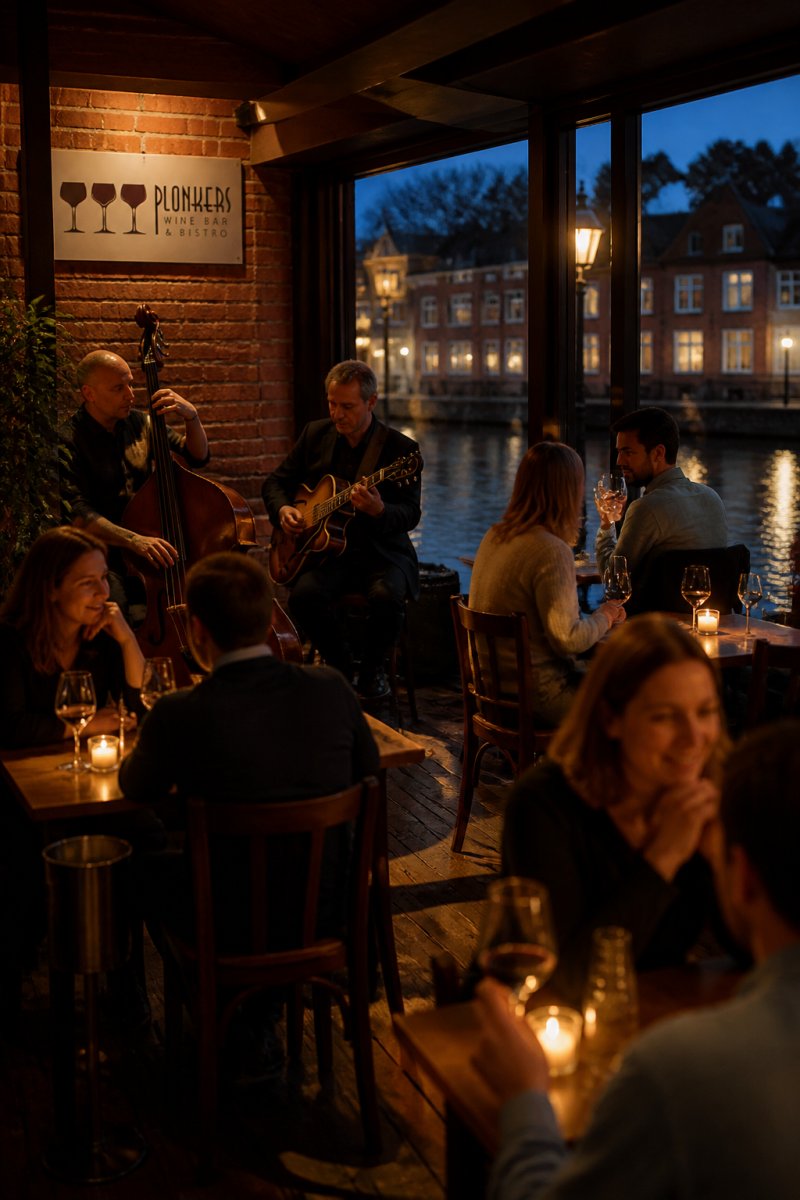 A jazz duo plays acoustic music in a cozy, brick-walled riverside wine bar, one of the best independent wine bars with live