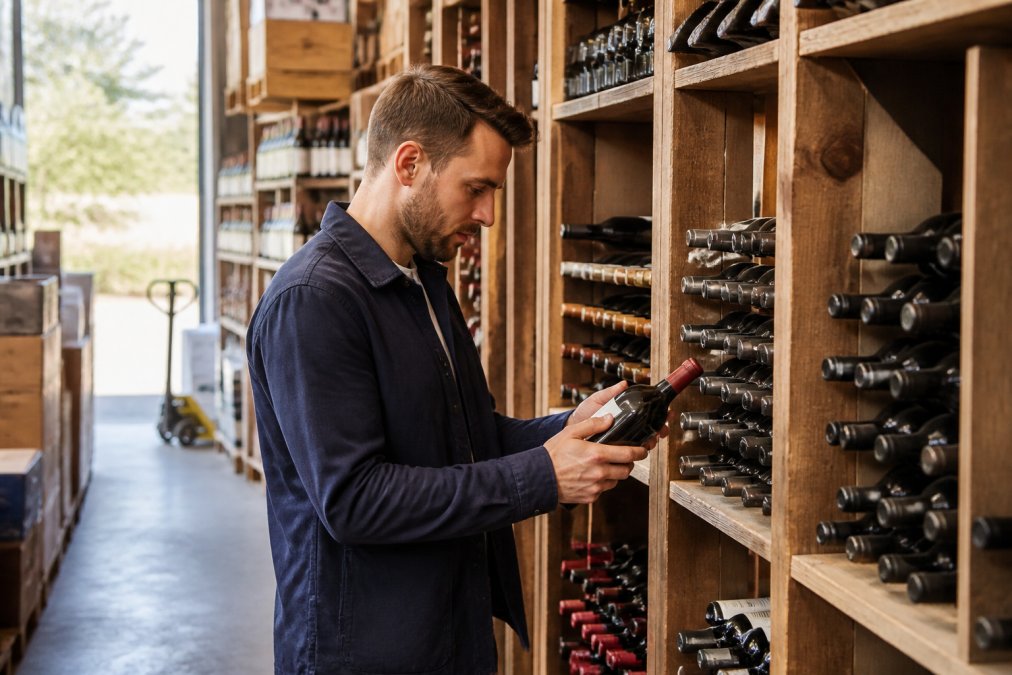 Professional wine buyer examining bottles on cellar shelves in a modern independent wine merchant's warehouse, natural light highlighting the curated selection, wooden racks stretching into the background