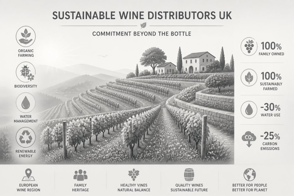 Vineyard landscape showing sustainable viticulture practices with rows of vines on terraced hillsides, natural vegetation between rows, morning light illuminating the organic farming methods, family-owned property in a European wine region
