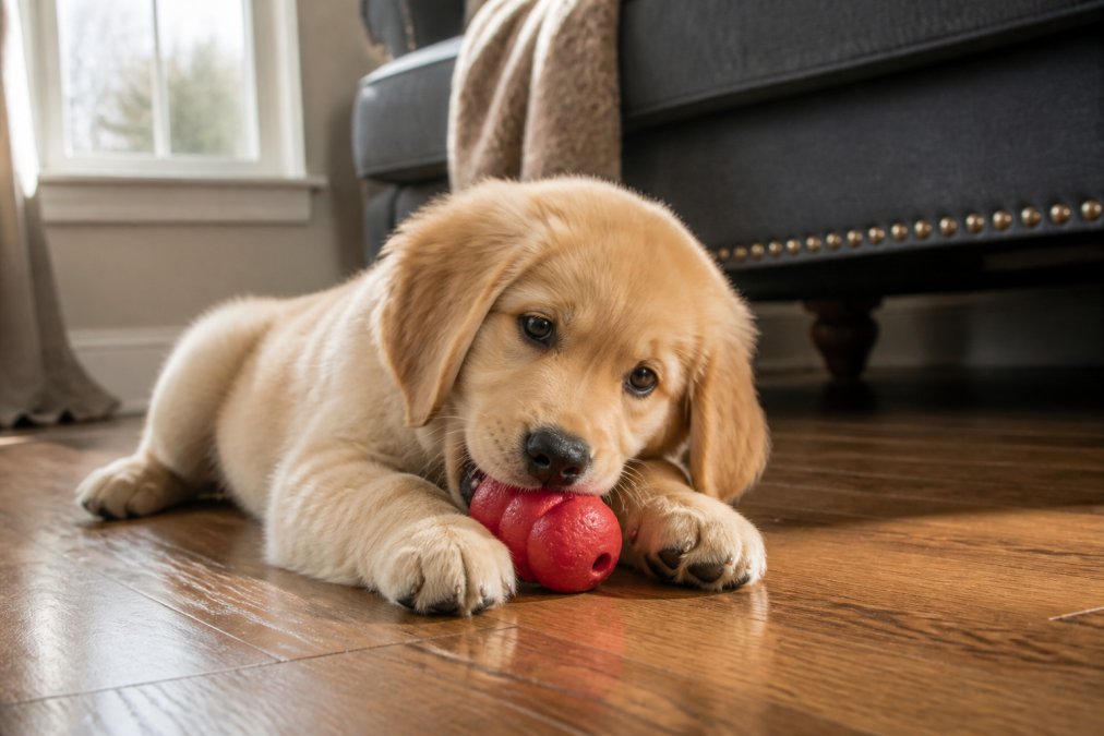 A golden retriever puppy lying on a hardwood living room floor, happily gnawing on a bright red high-density rubber chew toy while soft afternoon sunlight streams through a window