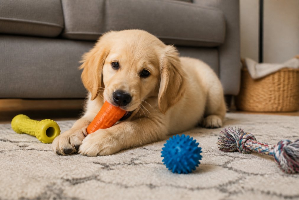 Happy golden retriever puppy chewing on a durable orange rubber toy in a living room