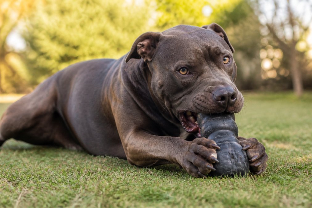Large aggressive chewer dog intensely focused on a durable rubber toy during active play, showing satisfaction and engagement with the toy in its mouth