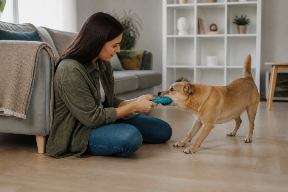 Dog owner supervising interactive play session with their dog using a durable toy, demonstrating proper engagement and monitoring techniques in a home setting