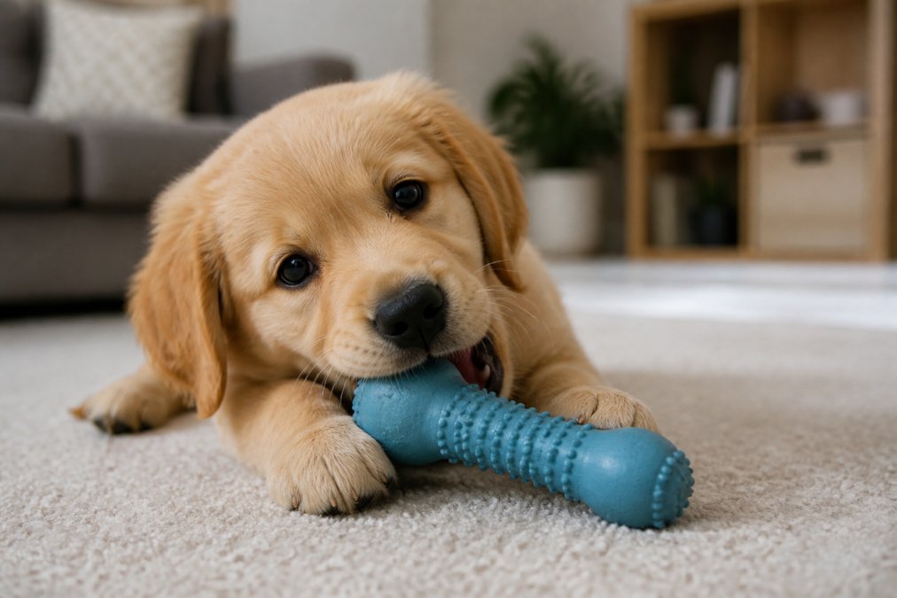 Puppy with engaged expression actively chewing on a durable rubber toy, showing healthy chewing behavior with soft-focus background of home setting