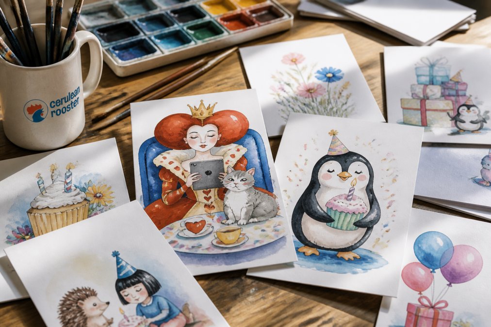 Close-up of hand-illustrated birthday cards spread out on a wooden studio table, showing vibrant watercolor artwork with playful designs like the Queen of Hearts with her cat reading a Kindle and a penguin holding a cupcake, natural light highlighting the paper texture and colors