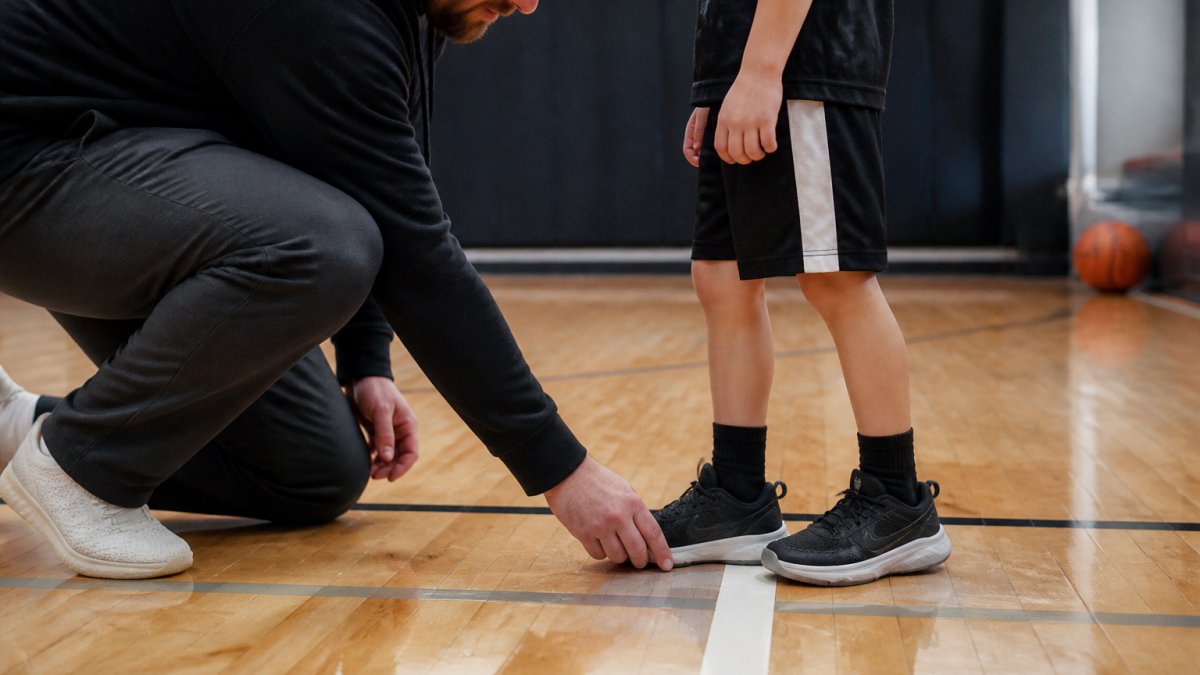 Parent checking the fit of basketball shoes for toddlers on a gym floor