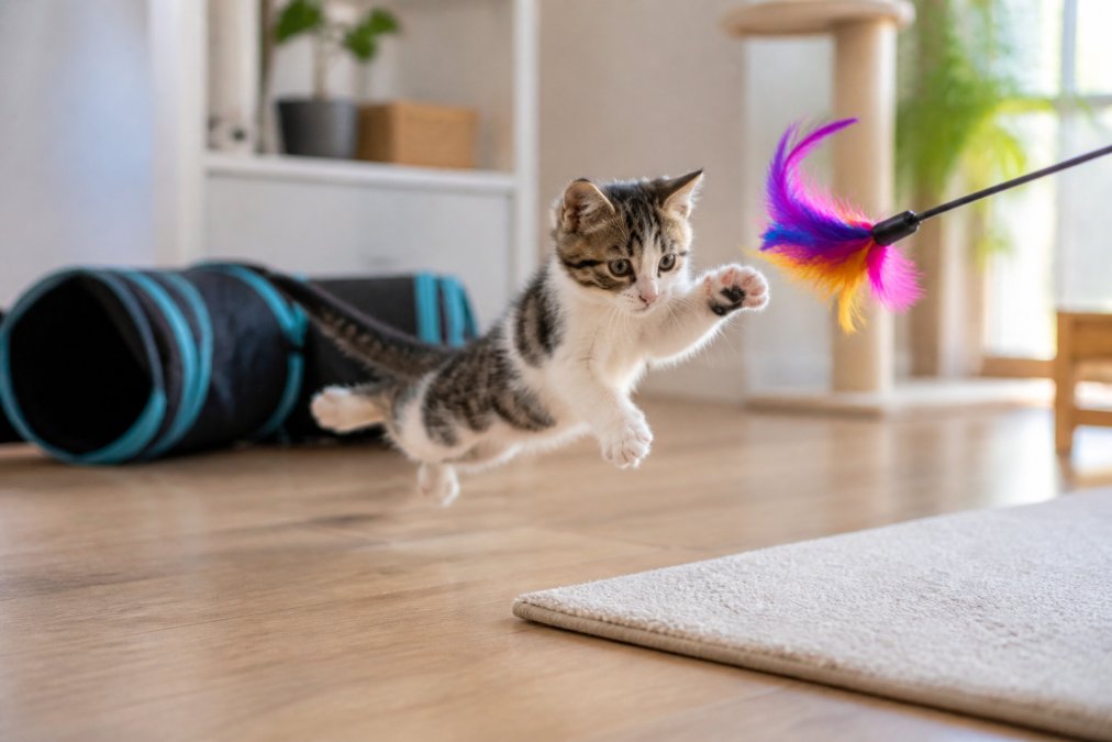 A playful kitten mid-pounce on a feather wand toy, one of many engaging indoor cat toys, in a sunny living room.