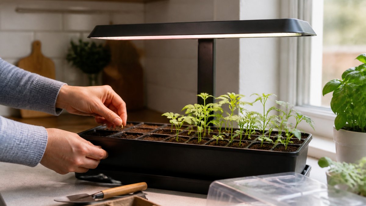 Hands planting seeds into a countertop garden with a grow light near a bright kitchen window