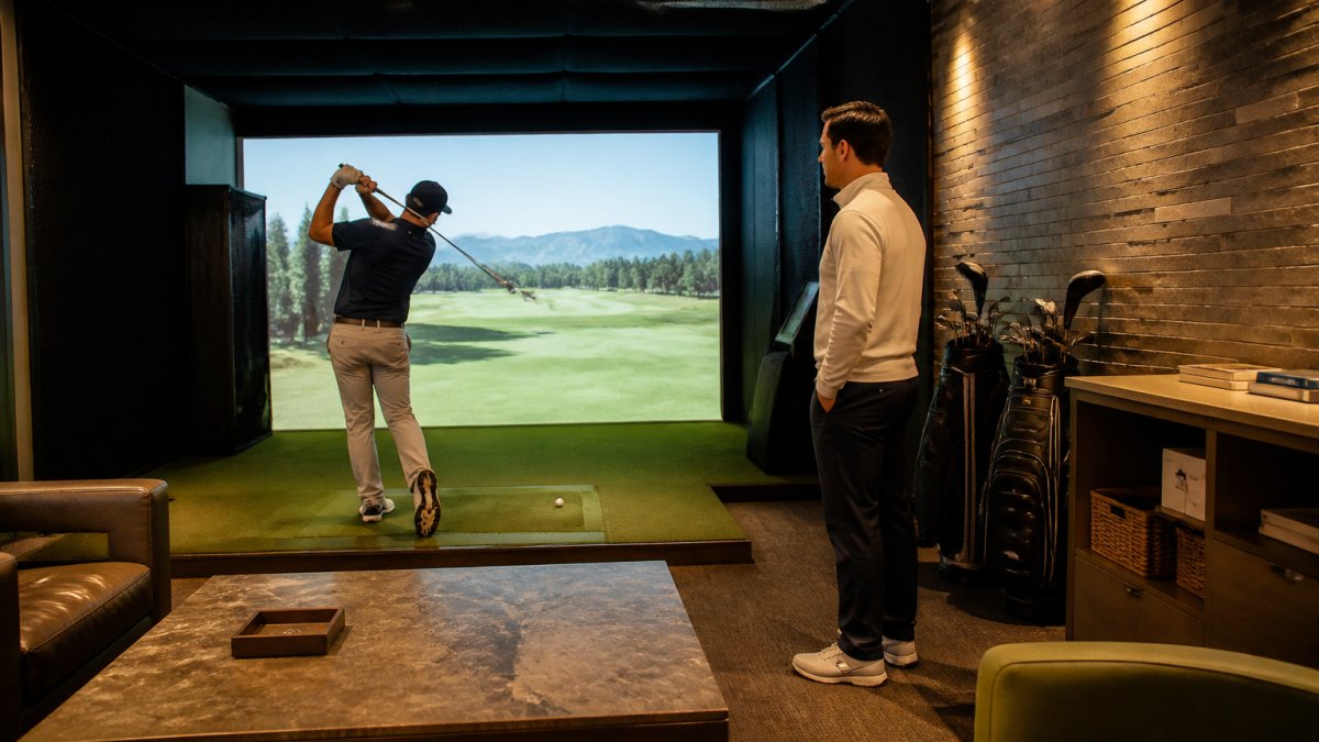 A golfer mid-swing inside a modern indoor golf simulator bay with a large projection screen showing a famous course, warm ambient lighting, and a coach watching nearby