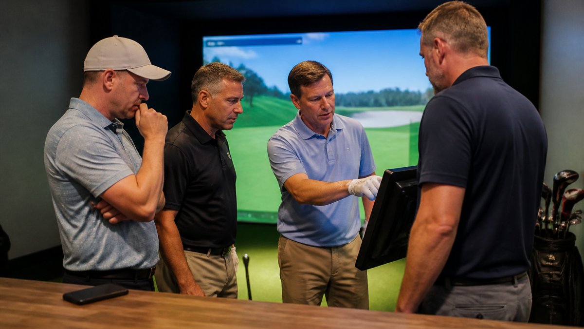Group of golfers in a private simulator bay standing around a Full Swing simulator screen, reviewing their scores on a display monitor with focused attention