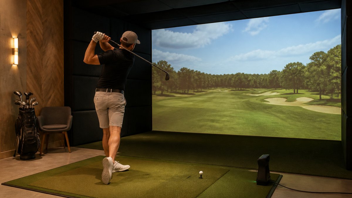A golfer mid-swing inside a modern indoor golf simulator bay, large projection screen showing a virtual course, hitting mat underfoot and a launch monitor on the floor beside the tee, warm overhead lighting