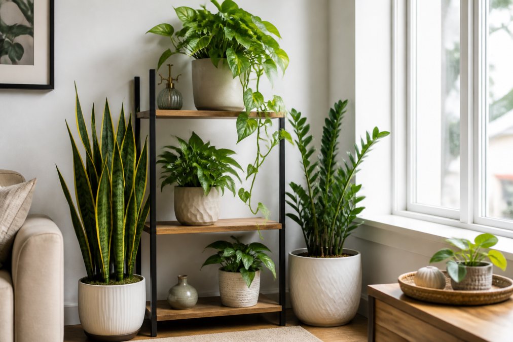 Professional illustration showing plant and bright and airy concepts for best indoor greenery for low light apartments