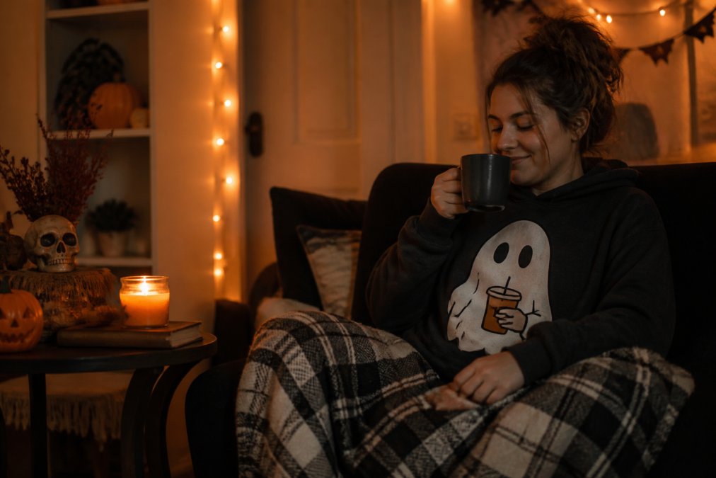 A cozy living room corner at night with a soft orange glow from string lights, a lit pumpkin-scented candle on a side table, a plush blanket draped over a chair, and a person in a funny Halloween graphic hoodie relaxing with a mug