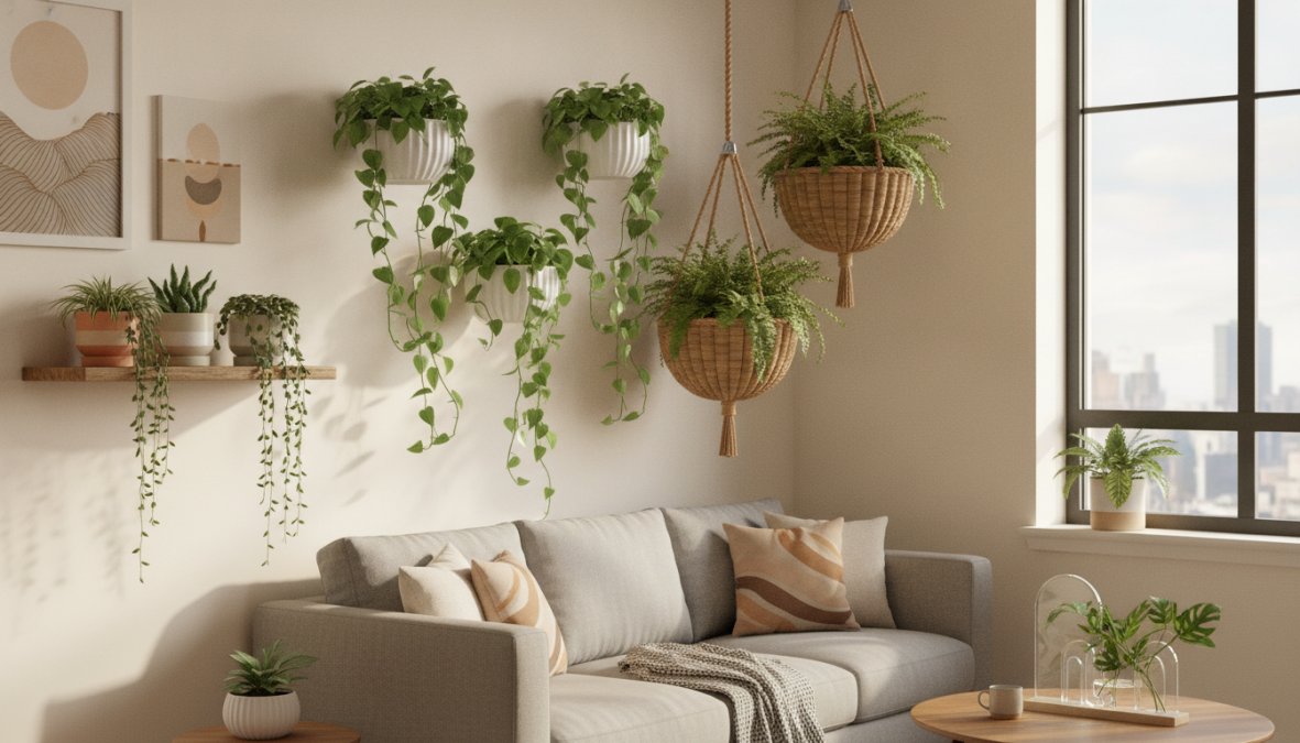 Bright apartment living room with pothos and string of pearls cascading from wall-mounted shelves and macramé hanging planters, natural light streaming through large windows illuminating trailing green foliage