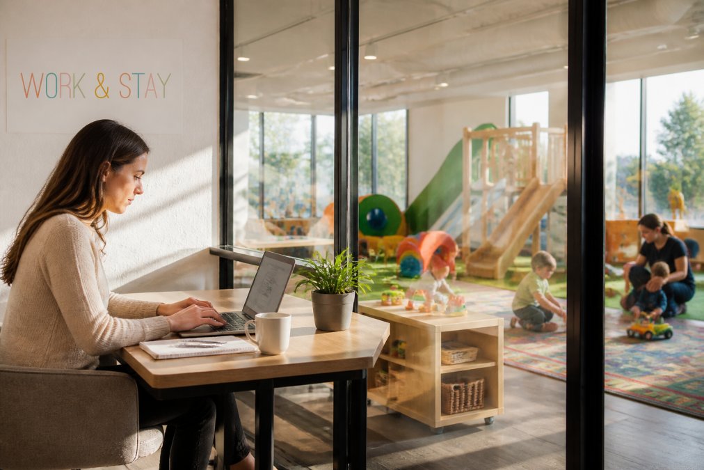 Parent working at desk in modern coworking lounge with focused expression, visible through glass partition into adjacent childcare area where toddlers engage in supervised play with colorful equipment, natural daylight streaming through windows