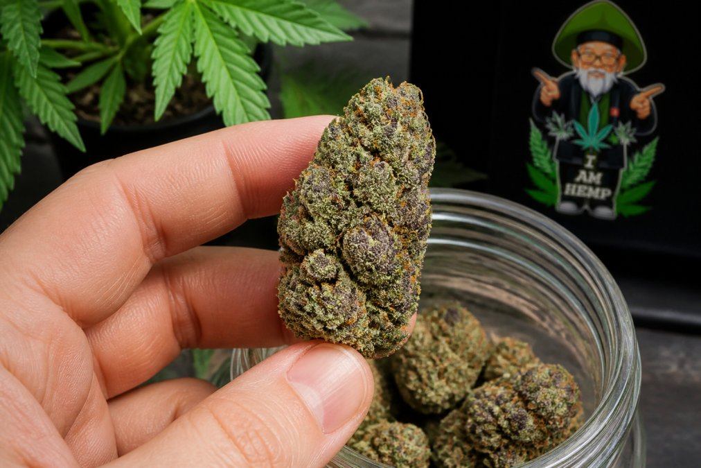 Hand holding a dense, frosty cannabis flower bud with purple accents over a glass jar in natural light