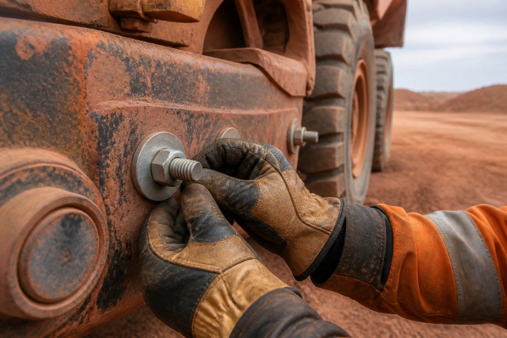 Close-up of gloved hands inspecting a stainless steel bolt and washer on a large mining haul truck chassis, with red dust and heavy machinery in the background