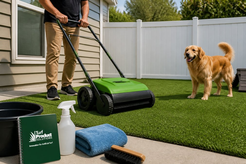 A homeowner using a battery-powered turf sweeper on a small artificial grass dog run in a sunny backyard, with a happy golden retriever watching nearby