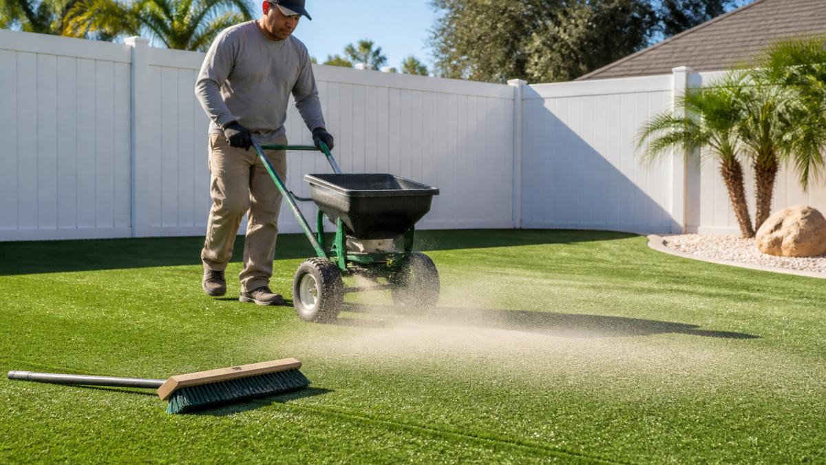 Contractor using specialized equipment to spread zeolite infill for pet artificial turf across a sunny lawn