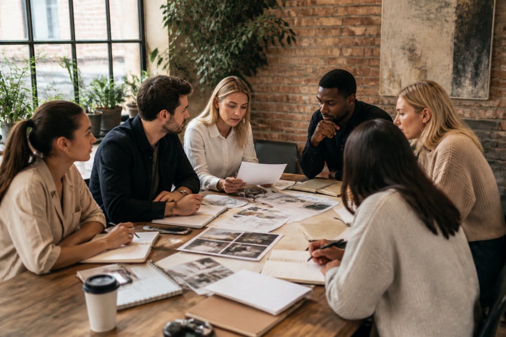 Marketing team collaborating around a desk to refine an influencer marketing strategy with laptops and campaign briefs.