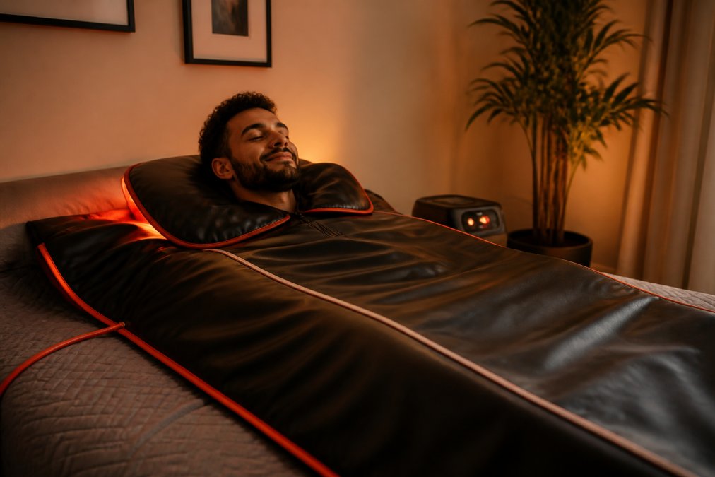 Athlete lying in an infrared sauna blanket at home in a bedroom setting, visibly relaxed with a satisfied expression, warm ambient lighting from the blanket's glow