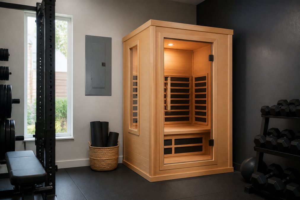 Modern home gym featuring a sleek infrared sauna installed next to a dedicated electrical panel.