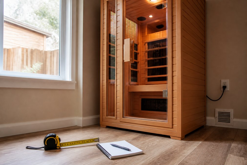 Diagram showing the space, power, and ventilation requirements for installing an infrared sauna at home.