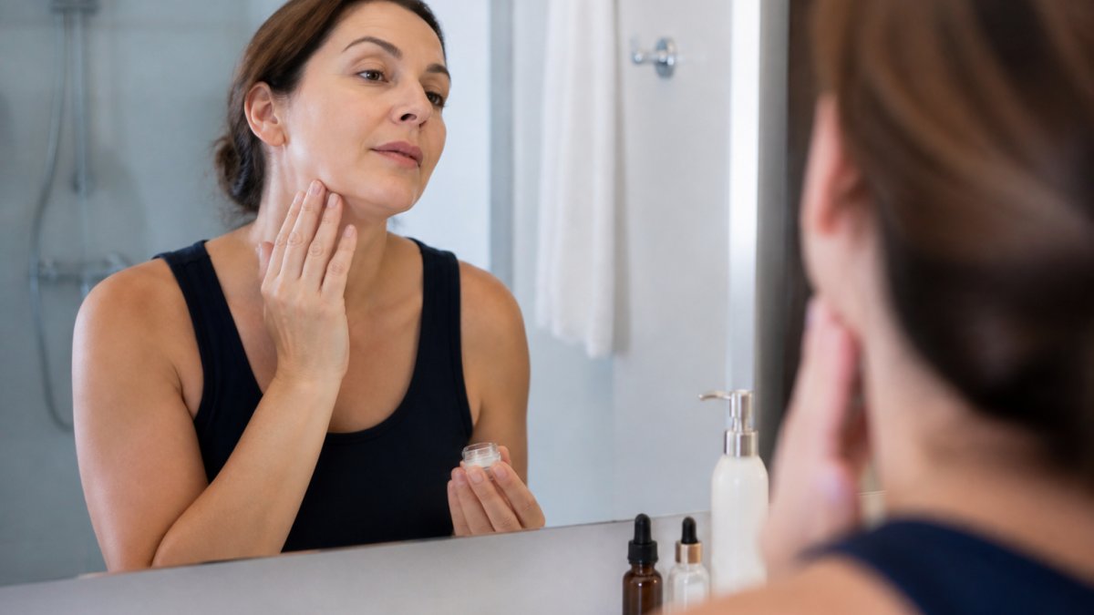 A woman in her forties standing at a bathroom mirror applying a thin layer of gel treatment to her jawline, with a few skincare bottles arranged neatly on the counter beside her