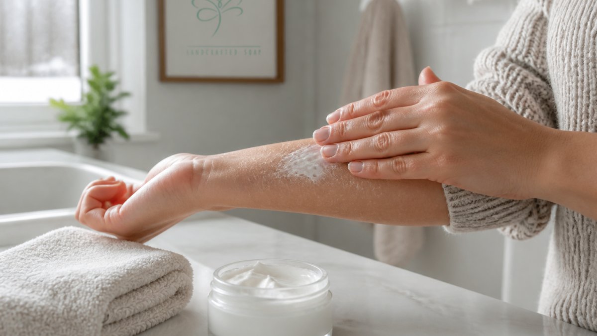 Close-up of hands applying a rich moisturizer to dry, flaky skin on a forearm, with a jar of cream and a folded towel on a bathroom counter in soft natural winter light