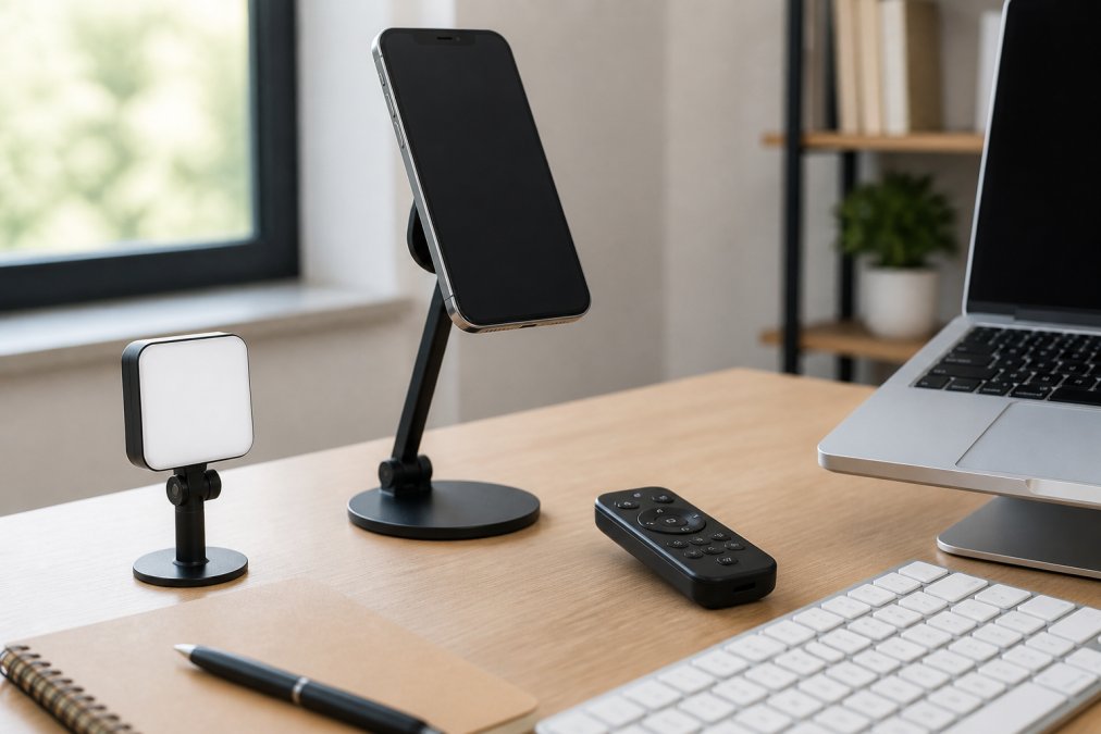 Professional's organized desk workspace featuring magnetic phone mount holding smartphone, remote control for video recording, and magnetic selfie light arranged near laptop and keyboard in bright natural office lighting