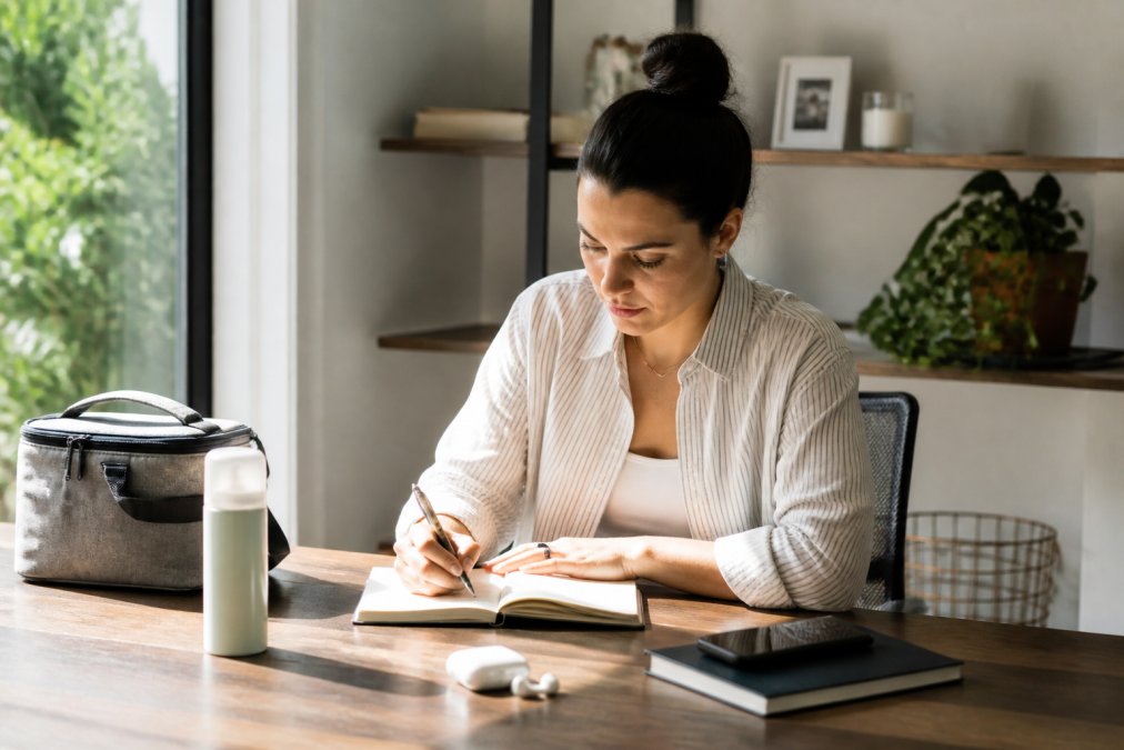 Professional at home office desk wearing fidget ring, with insulated lunch bag on desk corner and dry spray shampoo bottle nearby, working intently with natural window lighting streaming across workspace