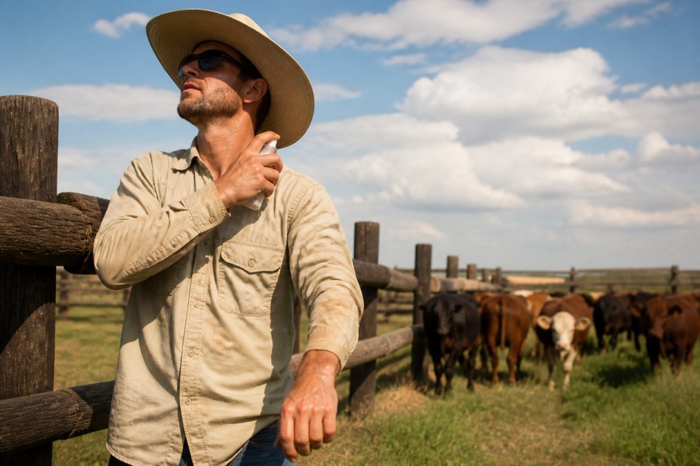 A ranch worker in a wide-brimmed hat and long sleeves applying insect repellent to their neck and arms beside a wooden fence, with cattle grazing in the background under a bright sky