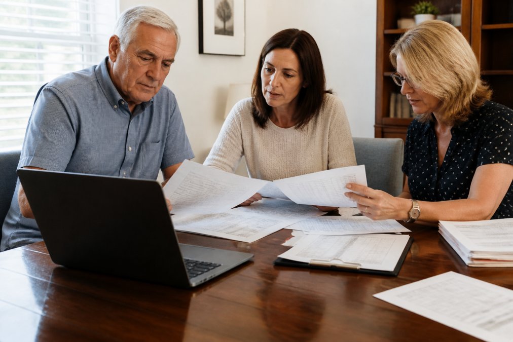 Three HOA board members reviewing printed financial reports around a wooden table, a laptop open to a property management dashboard in the foreground, natural daylight from a window